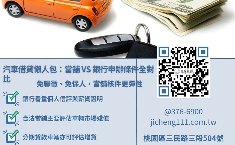 當舖汽車借款與銀行貸款的申辦條件比較圖，說明信用要求與車齡限制的差異
