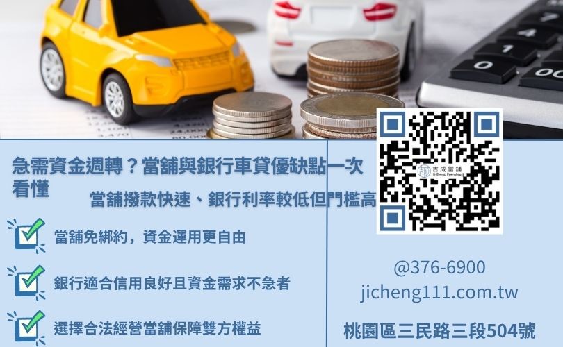 當舖汽車借款與銀行貸款的優缺點對比圖，包含撥款速度與還款彈性分析
