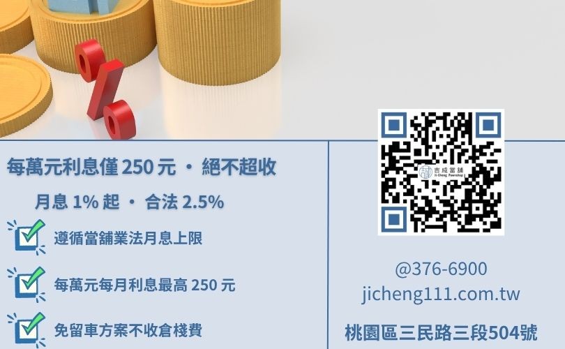 當舖利息計算試算-吉成桃園當舖提供每萬元利息250元標準表，說明隨借隨還免綁約優勢。
